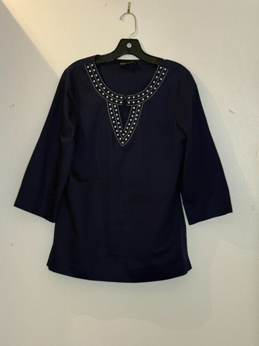 Jones New York Signature Navy Embellished Studded V-Neck Tunic Blouse Size M